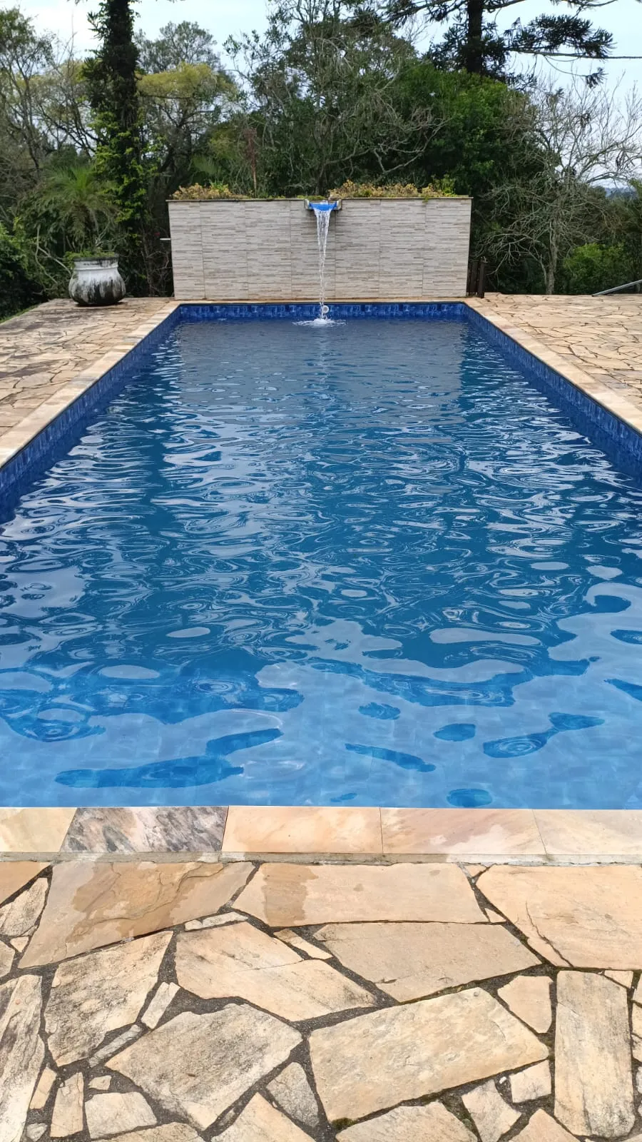 Piscina com cascata em meio ao verde